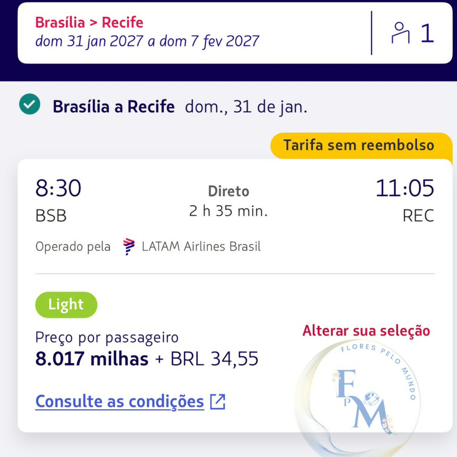 Alerta de passagem para Recife